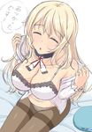  atago_(kantai_collection) blonde_hair bra breasts cleavage closed_eyes hat hat_removed headwear_removed highres kantai_collection large_breasts long_hair meropan open_mouth panties panties_under_pantyhose pantyhose sitting sketch solo sweat translated underwear undressing white_bra white_panties 