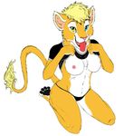  breasts clothed clothing feline female fur hair kneeling lion mammal panties playful plejman shirt solo t-shirt tongue tongue_out two_colored_fur underwear 