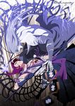  battle constricted_pupils duel electricity enemy_yari gloves grey_hair hakama japanese_clothes jikan_sokougun long_hair looking_at_another male_focus multiple_boys open_mouth pale_skin panya pom_pom_(clothes) purple_hair scar shirtless skeleton tonbokiri_(touken_ranbu) touken_ranbu twitter_username 