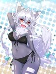  2016 anthro armpits big_breasts blush breasts canine clothing female fox fur grey_fur hair hi_res japanese looking_at_viewer mammal neguchi69 open_mouth red_eyes smile solo swimsuit white_hair wide_hips 