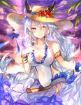  1girl animal_ears armlet bangle blush bracelet breasts cat_ears cleavage cloud covered_nipples erun_(granblue_fantasy) granblue_fantasy hair_tubes heles highres jewelry large_breasts leaf long_hair silver_hair sky smile solo sweetroad swimsuit twilight white_swimsuit yellow_eyes 