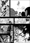  2girls animal_ears attack blood blood_on_face bloody_hands cat_ears cat_tail claws comic greyscale highres jumping kaenbyou_rin komeiji_satori monochrome monster multiple_girls niiko_(gonnzou) nude open_mouth sharp_teeth tail teeth touhou 