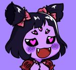  black_eyes black_hair blush_stickers bow chibi extra_eyes fangs gyate_gyate hair_bow hands_on_own_chest heart heart-shaped_pupils insect_girl lowered_eyelids lowres monster monster_girl muffet open_mouth puffy_sleeves purple purple_background purple_skin short_twintails simple_background smile solo spider_girl symbol-shaped_pupils twintails two_side_up undertale upper_body yaruky 