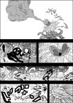  battle blood cat check_translation comic greyscale highres hitting kaenbyou_rin kaenbyou_rin_(cat) monochrome monster multiple_tails niiko_(gonnzou) no_humans open_mouth sharp_teeth smoke speed_lines tail teeth touhou translation_request weapon 