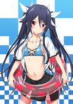  black_hair blue_bikini_top brown_eyes checkered checkered_background collarbone eyebrows eyebrows_visible_through_hair flat_chest hair_ribbon highres innertube long_hair looking_at_viewer open_clothes open_shirt ore_twintail_ni_narimasu pleated_skirt ribbon see-through shirt skirt solo tsube_aika twintails white_ribbon white_shirt yuto_(dialique) 