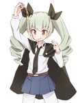  anchovy anzio_school_uniform cheese_trail coupon_(skyth) cowboy_shot drill_hair eating food girls_und_panzer grey_hair holding_pizza necktie pantyhose pizza school_uniform skirt solo twin_drills 