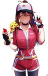  absurdres baseball_cap belt black_gloves breasts brown_hair cellphone choker closed_eyes collarbone cowboy_shot female_protagonist_(pokemon_go) fingerless_gloves gen_1_pokemon gloves grin hat highres holding holding_cellphone holding_phone holding_poke_ball jacket large_breasts long_hair nervous_smile phone pikachu poke_ball poke_ball_(generic) pokemon pokemon_(creature) pokemon_go ponytail rur_(ml_ruru) simple_background smile solo standing sweat teeth track_jacket unzipped white_background 