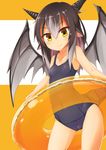  blush cameltoe clam_shell_(ole_tower) dosu_(doseven) dragon_girl dragon_horns dragon_tail dragon_wings highres horns innertube ole_tower one-piece_swimsuit pointy_ears school_swimsuit smile solo standing swimsuit tail wings yellow_eyes 