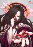  2016 artstation_sample bare_shoulders between_legs black_hair blush breasts collarbone covering_face dated fingernails foreshortening grey_background hair_ornament hair_over_one_eye hair_ribbon hair_stick hand_between_legs holding holding_hair image_sample incoming_gift japanese_clothes kejourou_(monster_girl_encyclopedia) kimono large_breasts long_hair looking_at_viewer looking_away lutherniel monster_girl_encyclopedia open_clothes open_kimono outstretched_arm palms red_ribbon ribbon sash signature simple_background solo upper_body 