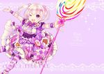  ;d candy copyright_name doughnut flower_knight_girl food food_themed_ornament frills hair_ornament heart heart_hair_ornament houzuki_michiru iberis_(flower_knight_girl) lollipop looking_at_viewer one_eye_closed open_mouth oversized_object pantyhose purple purple_background purple_eyes purple_skirt short_hair short_twintails skirt smile solo sparkle striped striped_legwear swirl_lollipop twintails waffle white_hair wrist_cuffs 