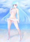  beach bikini blue_hair breasts food full_body highres johan_(johan13) kula_diamond long_hair looking_at_viewer navel popsicle red_eyes small_breasts solo swimsuit the_king_of_fighters white_bikini 