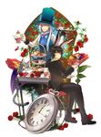  alice_in_wonderland animal_ears bad_id bad_pixiv_id black_hair blue_eyes bunny_ears cat cheshire_cat cup dessert dormouse flower food formal gl_ztoh gloves hat mad_hatter male_focus march_hare multiple_boys personification pocket_watch scissors suit table teacup teapot tiered_tray tiramisu tray vest watch white_gloves white_hair 