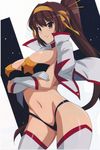  absurdres bangs bikini_top bleed_through boots breasts brown_eyes brown_hair cosplay crossed_arms gloves hair_ornament haruhisky highres large_breasts long_hair ponytail scan scan_artifacts solo space_yoko standing suzumiya_haruhi suzumiya_haruhi_no_yuuutsu tengen_toppa_gurren_lagann thigh_boots thighhighs yoko_littner yoko_littner_(cosplay) 