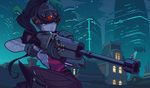  animated animated_gif black_hair blinking breasts center_opening gun head_mounted_display holding holding_gun holding_weapon medium_breasts overwatch pixel_art ponytail purple_skin rifle shroedinger sniper_rifle solo visor weapon widowmaker_(overwatch) 