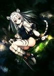  animal_ears ankle_cuffs ankle_wrap barefoot blue_eyes breasts capelet claws dutch_angle full_body furry highres hitomaru leotard long_hair looking_at_viewer original silver_hair sitting small_breasts smile solo sword tail tiger_ears tiger_stripes weapon whiskers 