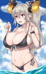  bikini black_bikini blue_sky blush breasts cloud day draph granblue_fantasy highres horns huge_breasts michihasu navel open_mouth pointy_ears red_eyes sky solo swimsuit thalatha_(granblue_fantasy) wading water 