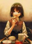  1girl :d absurdres bangs bendy_straw black_hair blue_eyes bow collared_shirt commentary_request couch cup disposable_cup drinking_straw eyebrows_visible_through_hair fast_food fingernails food food_on_face french_fries hamburger highres holding holding_cup holding_food huge_filesize long_sleeves looking_at_viewer mcdonald&#039;s on_couch open_mouth original red_bow school_uniform shirt sitting smile solo sweat sweater_vest tentsuu_(tentwo) tray white_shirt 
