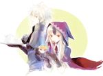  1girl animal_ears biscuit black_hair cup deere_(fire_emblem_if) eating fire_emblem fire_emblem_if food gloves green_eyes grey_hair hood kuzumosu long_hair multicolored_hair red_eyes simple_background tail teacup teapot two-tone_hair velour_(fire_emblem_if) white_background white_hair wolf_ears wolf_tail 