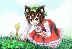  :3 akidzuki_haruhi animal_ears blush bow brown_eyes brown_hair bug butterfly cat_ears chen chinese_clothes day fang frilled_skirt frills hat insect kneeling mob_cap nail_polish outdoors red_skirt skirt smile socks solo touhou white_bow white_legwear 