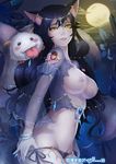  adjusting_clothes adjusting_panties ahri alternate_costume animal_ears areolae black_hair breasts breasts_outside destincelly fox_ears fox_tail from_side full_moon groin highres jewelry large_breasts league_of_legends lips long_hair looking_at_viewer moon navel night night_sky nipples panties parted_lips poro_(league_of_legends) see-through side-tie_panties sky tail torn_clothes underwear ward wavy_hair wukong yellow_eyes 