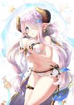  alternate_costume alternate_hairstyle bikini blue_eyes breasts bug butterfly cleavage demon_horns double_bun draph grabbing granblue_fantasy hair_ornament hair_over_one_eye highres horns insect large_breasts lavender_hair leg_belt long_hair looking_at_viewer low_twintails narmaya_(granblue_fantasy) navel open_mouth pointy_ears side-tie_bikini sideboob solo somalisu stomach swimsuit thigh_strap thighs twintails white_bikini 