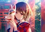  architecture blurry brown_hair day depth_of_field east_asian_architecture fox_mask fuji_choko holding holding_mask japanese_clothes kimono mask multiple_torii original outdoors red_eyes short_hair solo torii upper_body 