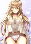  3: ass_visible_through_thighs bare_shoulders blonde_hair blush dies_irae green_eyes highres long_hair looking_down marie_(dies_irae) mia_(gute-nacht-07) navel panties scar skirt skirt_lift solo underwear 