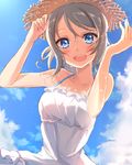  blue_eyes blush breasts brown_hair day dress hat highres looking_at_viewer love_live! love_live!_sunshine!! medium_breasts open_mouth satoimo_chika short_hair smile solo straw_hat sundress watanabe_you 