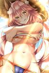  alternate_costume bikini breasts eyebrows eyebrows_visible_through_hair fate/grand_order fate_(series) from_below groin hair_between_eyes hat highres large_breasts long_hair looking_at_viewer mia_(gute-nacht-07) navel partially_visible_vulva pink_hair shirt shirt_lift short_sleeves side-tie_bikini solo stomach straw_hat sun sun_hat sunlight sweat swimsuit tamamo_(fate)_(all) tamamo_no_mae_(fate) tamamo_no_mae_(swimsuit_lancer)_(fate) tongue tongue_out underboob wet white_shirt yellow_eyes 