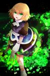  :o arano_oki arm_warmers black_skirt blonde_hair commentary_request danmaku green_eyes highres japanese_clothes looking_at_viewer mizuhashi_parsee open_mouth pointy_ears scarf shaded_face short_hair short_sleeves skirt solo touhou v-shaped_eyebrows white_scarf 