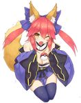  animal_ears blue_legwear breasts cleavage commentary_request cropped_legs detached_sleeves fang fate/extra fate_(series) fox_ears fox_tail from_above goekawa hair_ribbon japanese_clothes large_breasts looking_up one_eye_closed pink_hair poke_ball ribbon seiza sitting solo tail tamamo_(fate)_(all) tamamo_no_mae_(fate) thighhighs twintails yellow_eyes 