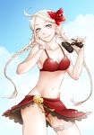  ahoge bikini bikini_skirt bikini_top binoculars blue_eyes blush bracelet braid breasts cleavage cloud day ebi_puri_(ebi-ebi) eponine_(fire_emblem_if) fire_emblem fire_emblem_if flower hair_flower hair_ornament hibiscus jewelry long_hair medium_breasts midriff navel sky solo swimsuit twin_braids white_hair 