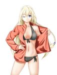  ;) bigrbear bikini black_bikini blonde_hair blue_eyes braid cowboy_shot front-tie_bikini front-tie_top hair_ornament hand_on_hip long_hair one_eye_closed open_clothes open_shirt original red_shirt shirt side-tie_bikini smile solo swimsuit twin_braids 