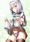  :o ahoge blush dies_irae dress dress_lift highres himuro_rea lavender_eyes lavender_hair looking_at_viewer mia_(gute-nacht-07) panties sailor_collar short_hair solo thighhighs underwear 