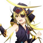  armor blonde_hair bontenmaru_(oda_nobuna_no_yabou) collarbone detached_sleeves eyepatch helmet highres horned_helmet japanese_armor kabuto katana long_hair oda_nobuna_no_yabou open_mouth simple_background solo spiceg sword weapon white_background yellow_eyes 