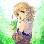  akidzuki_haruhi back bare_shoulders blonde_hair blush breasts cherry commentary cup drink drinking_glass drinking_straw food food_in_mouth fruit green_eyes highres looking_at_viewer looking_to_the_side medium_breasts mizuhashi_parsee mouth_hold off_shoulder pointy_ears scarf short_ponytail solo touhou upper_body 