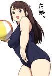  accio ball beachball blue_swimsuit blush breasts cowboy_shot grey_eyes hair_ribbon medium_breasts one-piece_swimsuit open_mouth original plump ribbon school_swimsuit smile solo swimsuit tanuma_miyuki two_side_up 