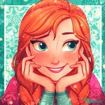  anna_(frozen) braid chin_rest face freckles frozen_(disney) green_eyes lipstick makeup ponsu_(ponzuxponzu) portrait red_hair red_lipstick signature smile snowflake_background solo twin_braids 