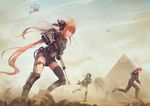  2girls aircraft artist_name battle_rifle black_hair black_ribbon blue_eyes day dust_cloud exoskeleton extra fal_(girls_frontline) fn_fal girls_frontline gun hair_ribbon helicopter highres holding holding_gun holding_weapon holster jay_xu leaning_forward long_hair mac-10 mac-10_(girls_frontline) military multiple_girls orange_hair outdoors profile pyramid ribbon rifle running sand sandstorm signature skindentation sniper_rifle standing standing_on_one_leg submachine_gun thigh_strap very_long_hair weapon 