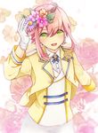  ahoge akira_(aky-la) blush ensemble_stars! gloves green_eyes head_wreath highres himemiya_touri male_focus open_mouth pink_hair sidelocks smile solo white_gloves 