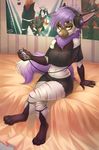  4_toes 5_fingers amber_eyes anthro canine clothing detailed_background female fluffy fluffy_tail hair headphones iskra looking_at_viewer maj mammal midriff navel purple_hair sitting smile solo toes 