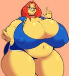  2016 anthro avian beak big_breasts bird breasts cleavage clothed clothing eikasianspire eyewear feathers female glasses green_eyes hair huge_breasts hyper hyper_breasts long_hair looking_at_viewer navel obese one_eye_closed overweight red_hair shorts smile solo thick_thighs tight_clothing voluptuous wide_hips yellow_feathers 