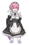  =3 absurdres apron black_bow black_dress blush bow detached_sleeves dress hair_ornament hair_over_one_eye hairclip highres long_sleeves maid maid_apron maid_headdress open_mouth pink_eyes pink_hair puffy_long_sleeves puffy_sleeves ram_(re:zero) re:zero_kara_hajimeru_isekai_seikatsu short_hair simple_background sleeves_past_wrists smile smirk solo thighhighs waist_apron white_apron white_background white_bow white_legwear x_hair_ornament yukizaki_(snowy_cape) 