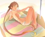  akigumo_(kantai_collection) bad_id bad_twitter_id barefoot beach bikini blush breasts brown_eyes brown_hair covered_nipples inactive_account kantai_collection long_hair looking_at_viewer lying medium_breasts mole mole_under_eye multicolored multicolored_stripes multicolored_towel on_side parted_lips ponytail sideboob smile solo striped swimsuit towel very_long_hair white_bikini yamaioni_(sasakama) 