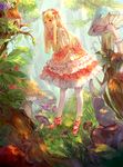  arms_behind_back berries bird birdhouse blonde_hair bunny closed_mouth day dress flower forest full_body headdress highres leaning_forward lolita_fashion long_hair looking_at_another mary_janes mushroom nature orange_eyes original outdoors pantyhose pink_footwear plant pointy_ears shell_(wwwtrista) shoes smile solo standing sweet_lolita white_legwear 
