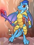  2016 armor armpits blue_scales dragon exedrus female feral friendship_is_magic hi_res horn looking_at_viewer membranous_wings my_little_pony orange_eyes princess_ember_(mlp) scales scalie scepter smile solo spade_tail spread_wings wings 