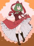  arm_ribbon blush boots bow breasts brown_footwear cleavage cross-laced_footwear dress dress_lift eyebrows frills front_ponytail green_eyes green_hair hair_bow hair_ribbon highres hips kagiyama_hina knee_boots lace-up_boots medium_breasts red_dress ribbon smile solo takeu thick_eyebrows touhou 