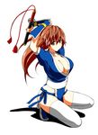  arms_up breasts brown_eyes brown_hair choker cleavage dead_or_alive full_body kasumi_(doa) kettsu large_breasts long_hair sheath sheathed simple_background solo sword thighhighs weapon white_background white_legwear 