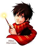  artist_name big_hero_6 brown_eyes brown_hair character_name disney harry_potter highres hiro_hamada hogwarts_school_uniform holding holding_wand male_focus parody ponsu_(ponzuxponzu) red_scarf scarf smile solo striped striped_scarf wand 