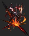  b_(herowarz) black_hair dual_wielding fire full_body herowarz highres holding holding_weapon looking_at_viewer male_focus mask mulin official_art red_eyes solo sword teeth torn_clothes weapon 